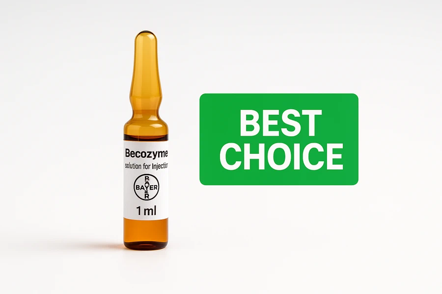 نمای نزدیک آمپول بیکوزیم بایر همراه با برچسب بهترین انتخاب