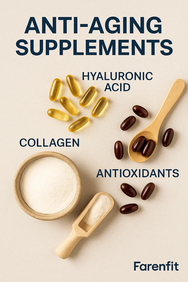 تصویر ترکیبات اصلی مکمل‌های ضد پیری شامل پودر کلاژن، هیالورونیک اسید و آنتی‌اکسیدان‌ها