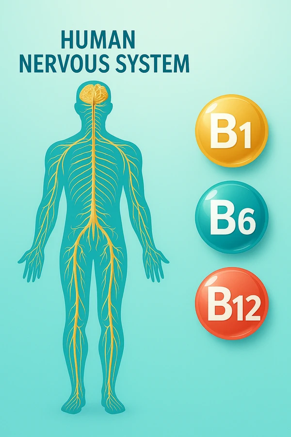 تصویر سیستم عصبی انسان همراه با آیکون‌های ویتامین B1، B6 و B12